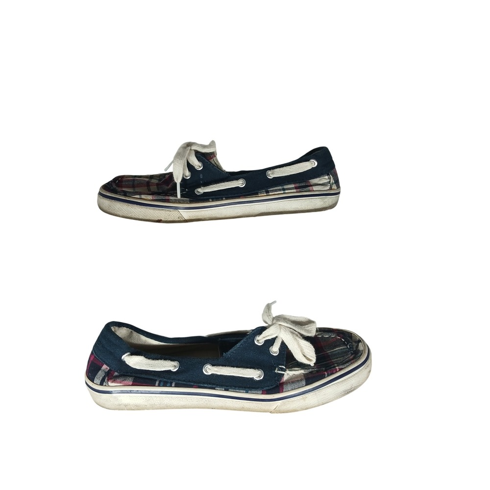 American Eagle Boat Shoes 7 Navy Blue‎ Plaid Canvas Preppy Nautical Loafers